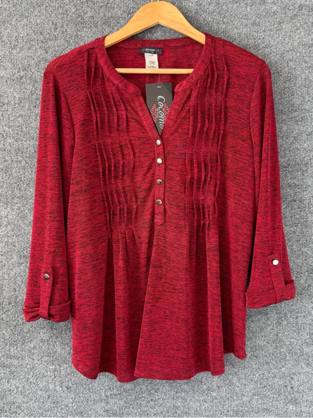 Cocomo Womens 3/4 Sleeve Burgundy Top Size Large Petite Office Casual Stretch